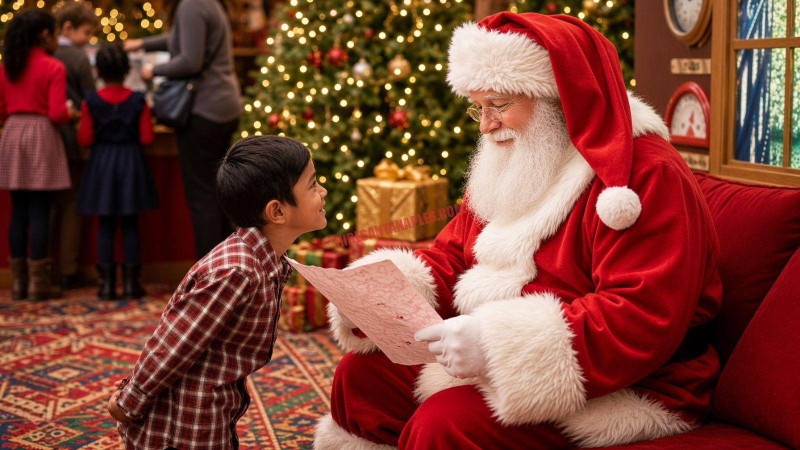Santa services in Naples, FL: Santa and a child share a letter on a red sofa by a lit tree.